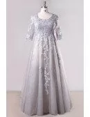 Plus Size Grey Long Lace Formal Dress With Lace Sleeves