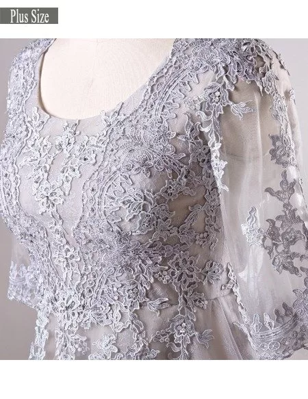 Plus Size Grey Long Lace Formal Dress With Lace Sleeves #MN044 ...