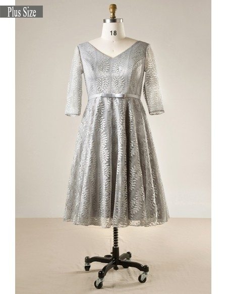Plus Size Elegant Dusty Grey Lace Short Formal Party Dress With Sleeves
