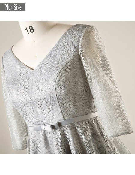Plus Size Elegant Dusty Grey Lace Short Formal Party Dress With Sleeves
