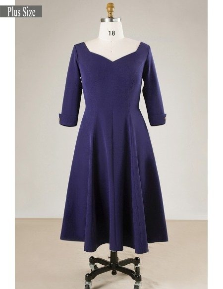 Vintage Plus Size Women Navy Blue Short Party Dress With Sleeves