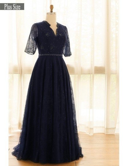 Elegant Navy Blue Plus Size Long Tulle Lace Formal Occasion Dress With Sleeves