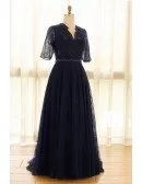 Elegant Navy Blue Plus Size Long Tulle Lace Formal Occasion Dress With Sleeves