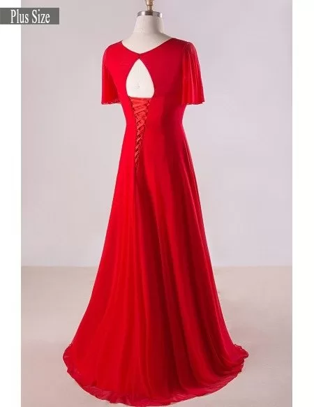 Plus Size Flowing Red Chiffon Sweep Train Long Formal Bridal Party Dress