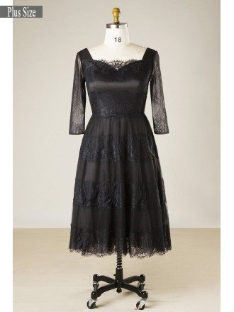 Elegant Short Black Lace Plus Size Formal Occasion Dress With Lace Sleeves