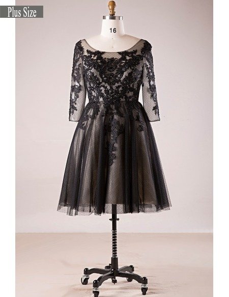 Plus Size 3/4 Lace Sleeve Little Black Short Formal Dress #MN066 ...