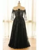 Elegant Off Shoulder Long Black Lace Plus Size Formal Occasion Dress With Sleeves
