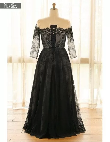 Elegant Off Shoulder Long Black Lace Plus Size Formal Occasion Dress With Sleeves