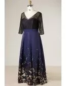 Plus Size Black With Navy Blue Floral Print Long Formal Dress With Sleeves