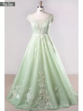 Plus Size Mint Green Lace Tulle Cap Sleeve Long Formal Party Dress