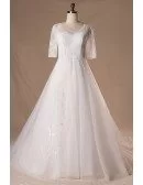 Modest V-neck And Short Sleeve Long White Plus Size Wedding Dress With Sleeves