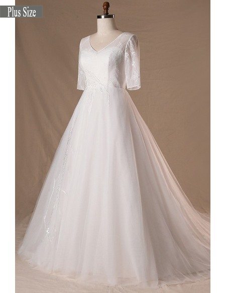 Modest V-neck And Short Sleeve Long White Plus Size Wedding Dress With ...