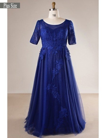 Plus Size Royal Blue Long Tulle And Lace Evening Dress With Sleeves #
