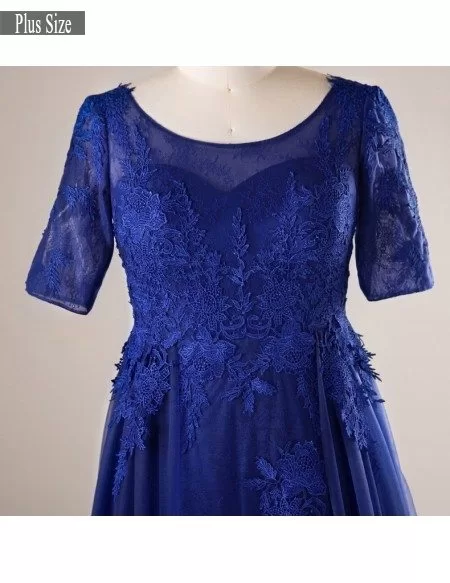 Plus Size Royal Blue Long Tulle And Lace Evening Dress With Sleeves
