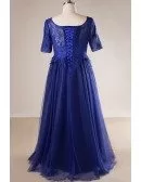 Plus Size Royal Blue Long Tulle And Lace Evening Dress With Sleeves