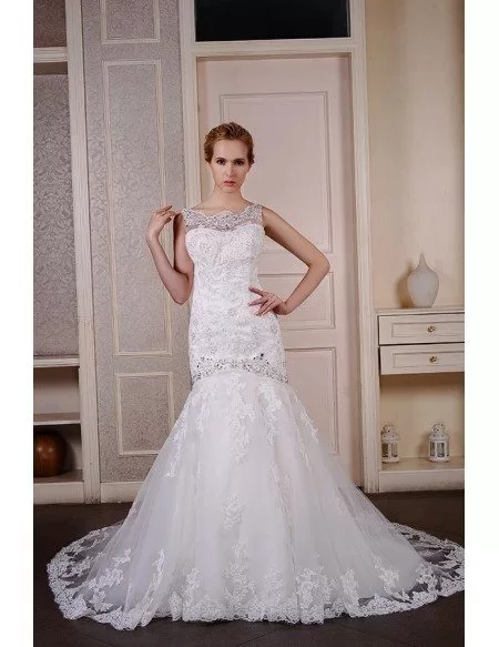 Mermaid Scoop Neck Court Train Tulle Wedding Dress With Beading Appliquer Lace