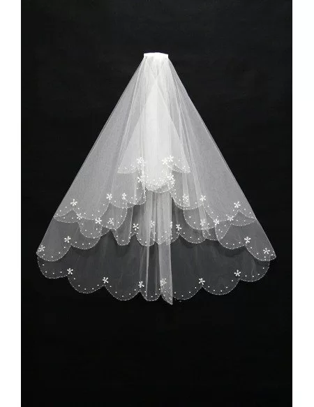 Gorgeous Short Comb Bridal Veil with Wavy Beading Hem