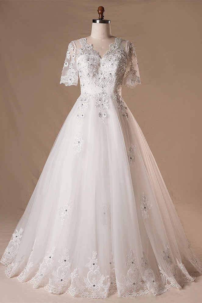 Plus Size Beaded Lace Tulle Wedding Dress With Short Sleeves #MN001 ...