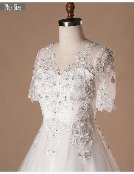Plus Size Beaded Lace Tulle Wedding Dress With Short Sleeves