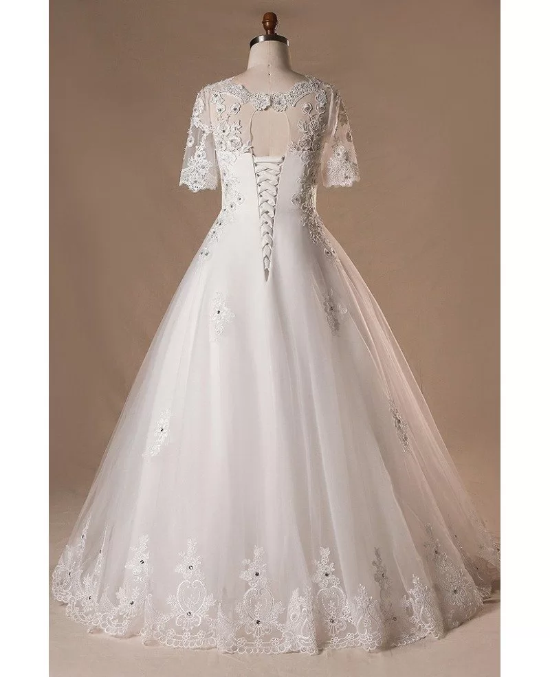 plus size beaded lace tulle wedding dress with short sleeves