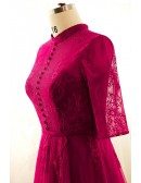 Plus Size Burgundy High Neck Lace Long Tulle Formal Dress With Lace Sleeves
