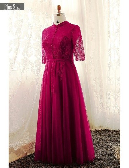 Plus Size Burgundy High Neck Lace Long Tulle Formal Dress With Lace Sleeves