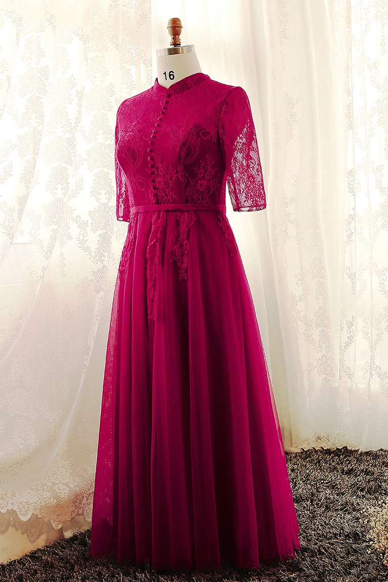 Plus Size Burgundy High Neck Lace Long Tulle Formal Dress With Lace ...