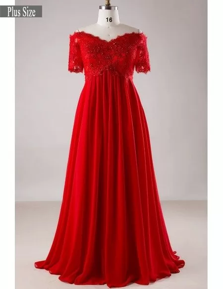 Plus Size Red Sequin Lace Off Shoulder Empire Long Formal Dress With Sleeves