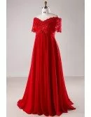 Plus Size Red Sequin Lace Off Shoulder Empire Long Formal Dress With Sleeves