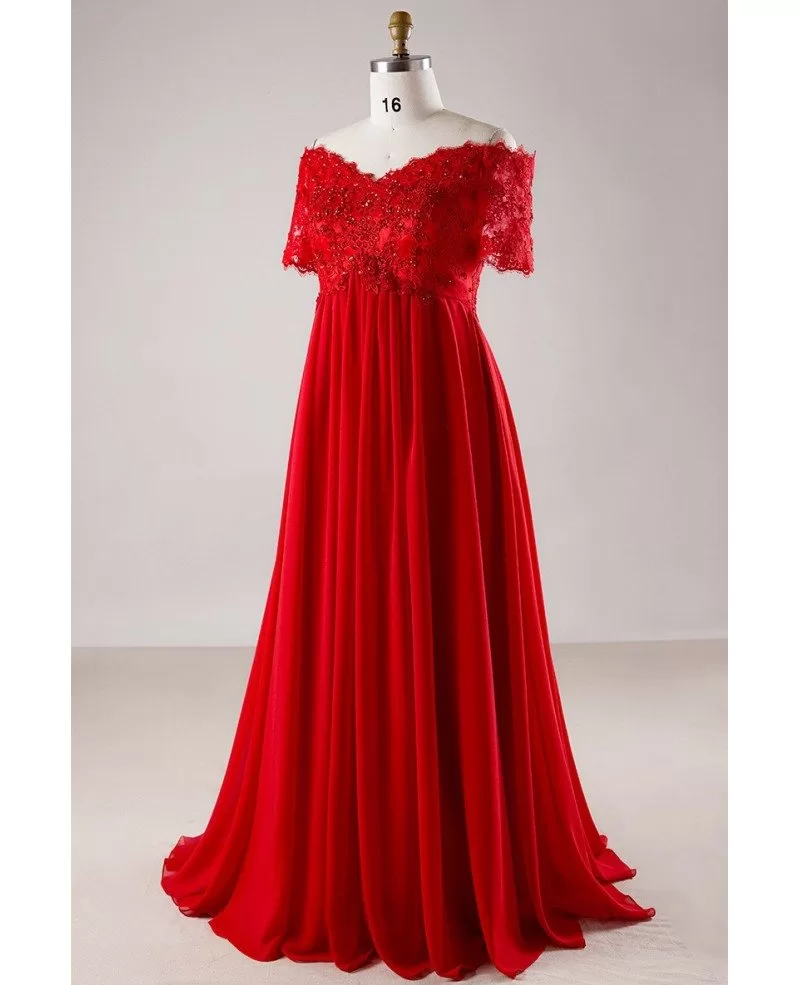 Plus Size Red Sequin Lace Off Shoulder Empire Long Formal Dress With Sleeves Mn017 8522