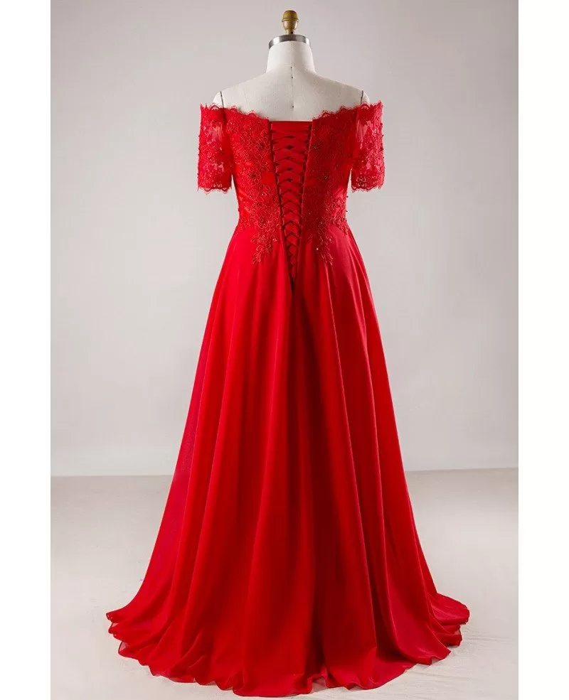 Plus Size Red Sequin Lace Off Shoulder Empire Long Formal Dress With ...