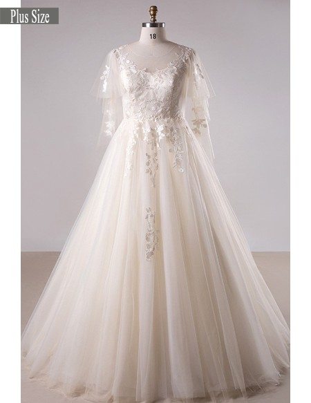 Plus Size Light Champagne Lace Long Tulle Country Wedding Dress