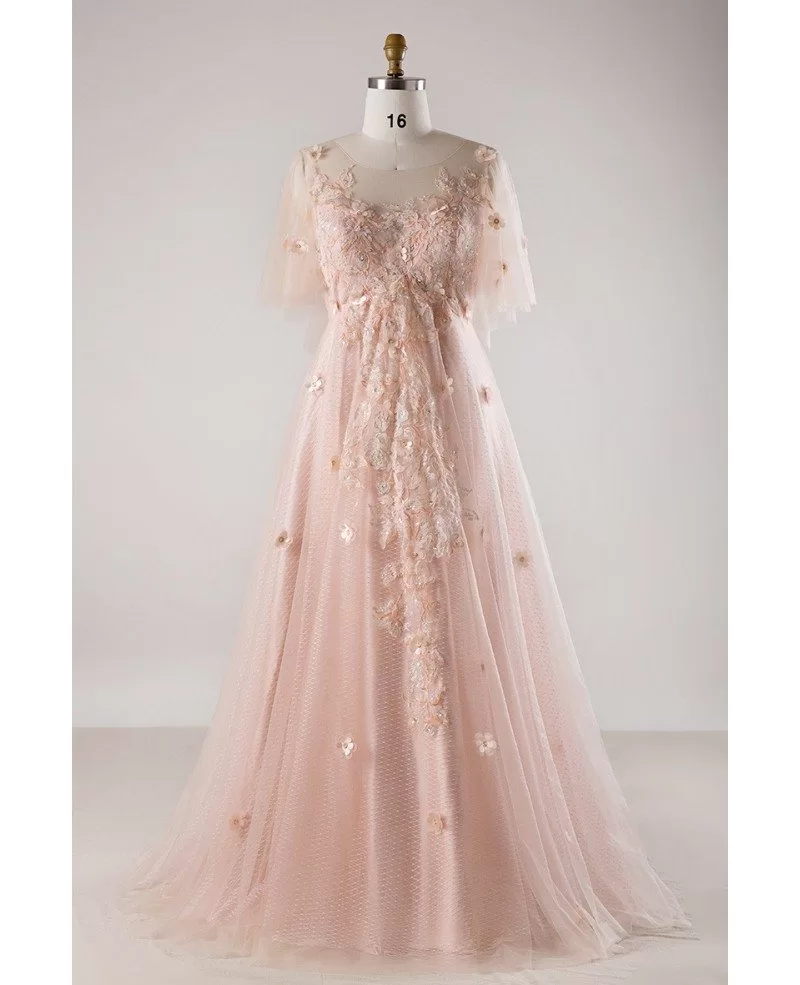 Plus Size Blush Pink Flowing Long Tulle Flowers Long Formal Dress #MN022 