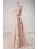 Plus Size Blush Pink Flowing Long Tulle Flowers Long Formal Dress