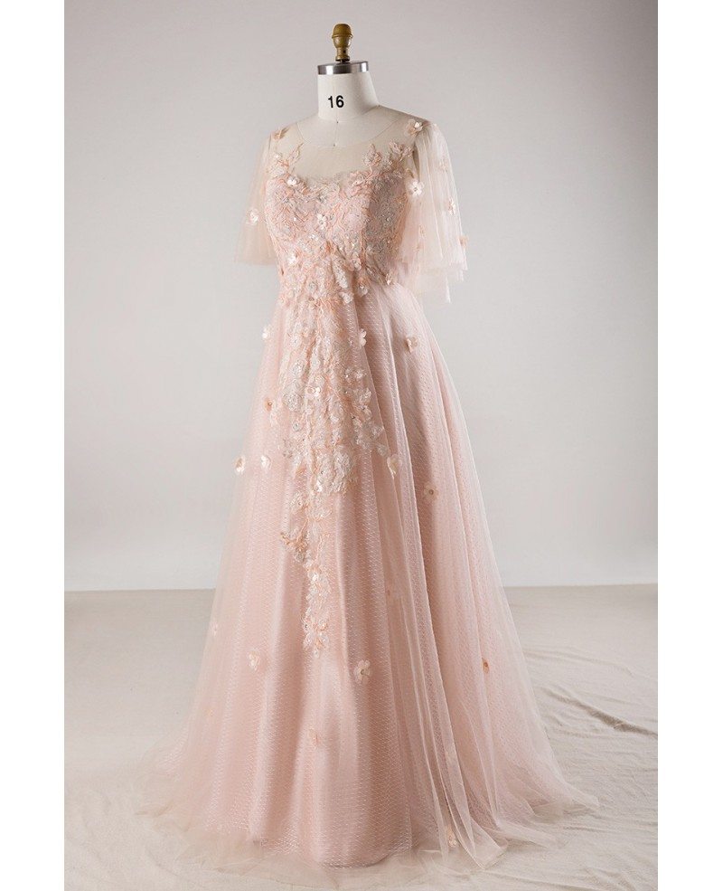 Plus Size Blush Pink Flowing Long Tulle Flowers Long Formal Dress