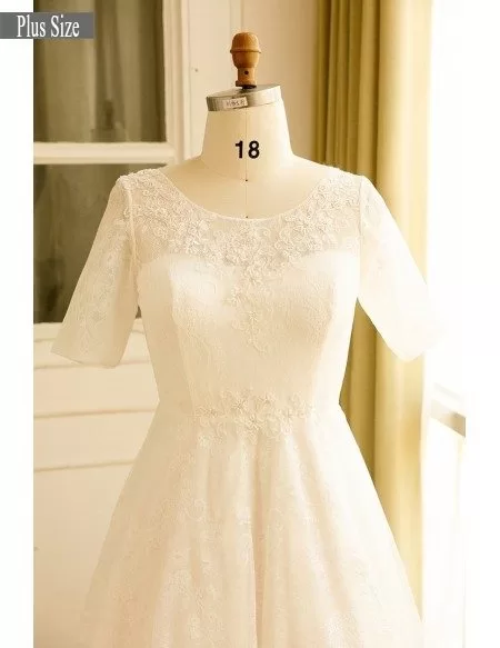 Modest Plus Size Ivory Lace Mature Women Wedding Dress With Short Sleeves