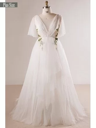 Plus Size Flowing Long Tulle Flowers Beach Wedding Dress For Outdoor Weddings
