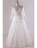 Gorgeous Plus Size White Butterflies Long Tulle Wedding Dress With 3/4 Sleeves