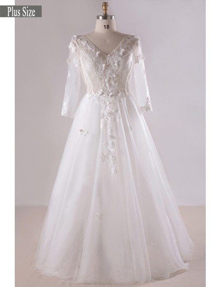 Gorgeous Plus Size White Butterflies Long Tulle Wedding Dress With 3/4 Sleeves