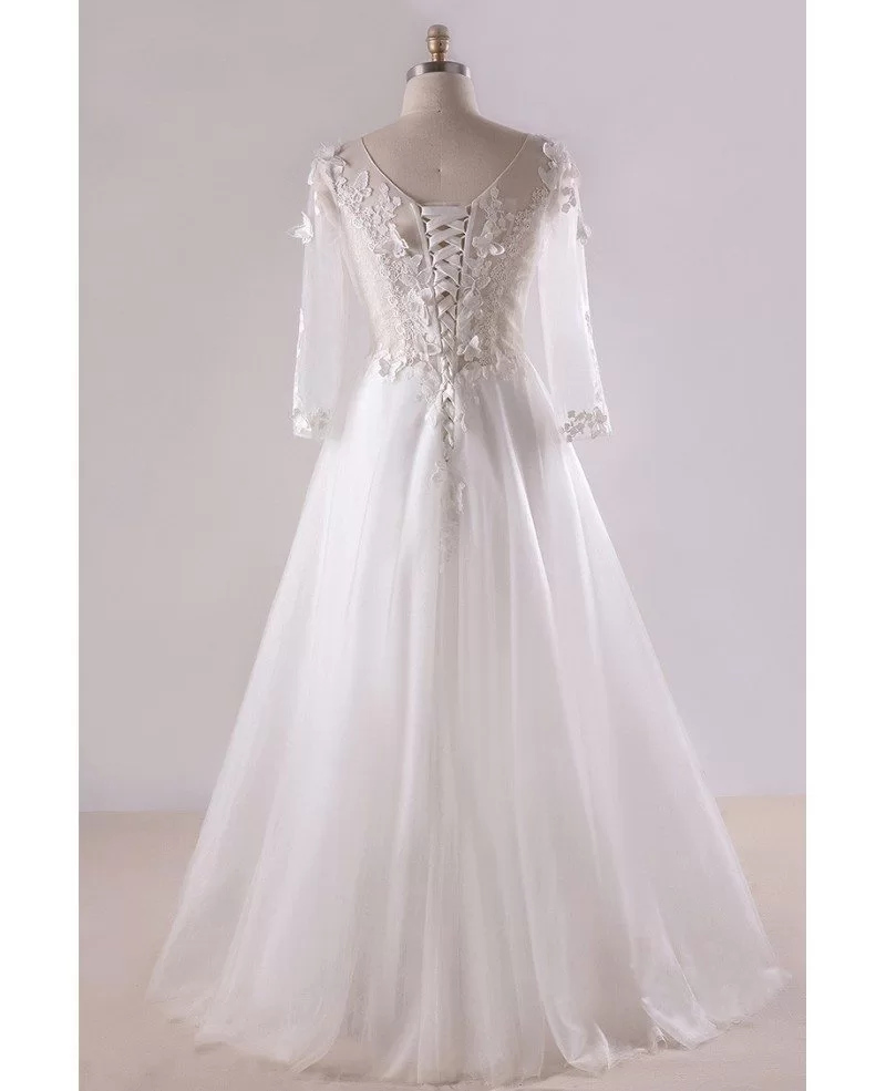 Gorgeous Plus Size White Butterflies Long Tulle Wedding Dress With 3/4 ...