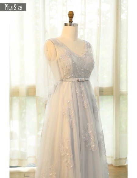 Beautiful Plus Size Grey Flowing Long Tulle Lace Formal Party Dress