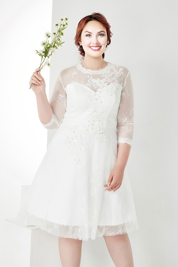 Modest Plus Size White Lace 3/4 Sleeves Short Wedding Dress #MN035 ...