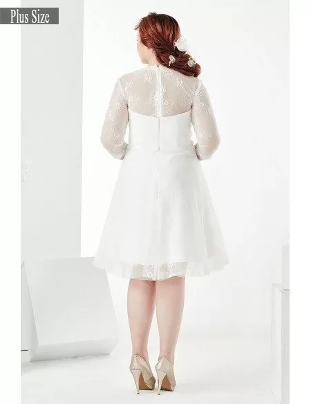 Modest Plus Size White Lace 3/4 Sleeves Short Wedding Dress