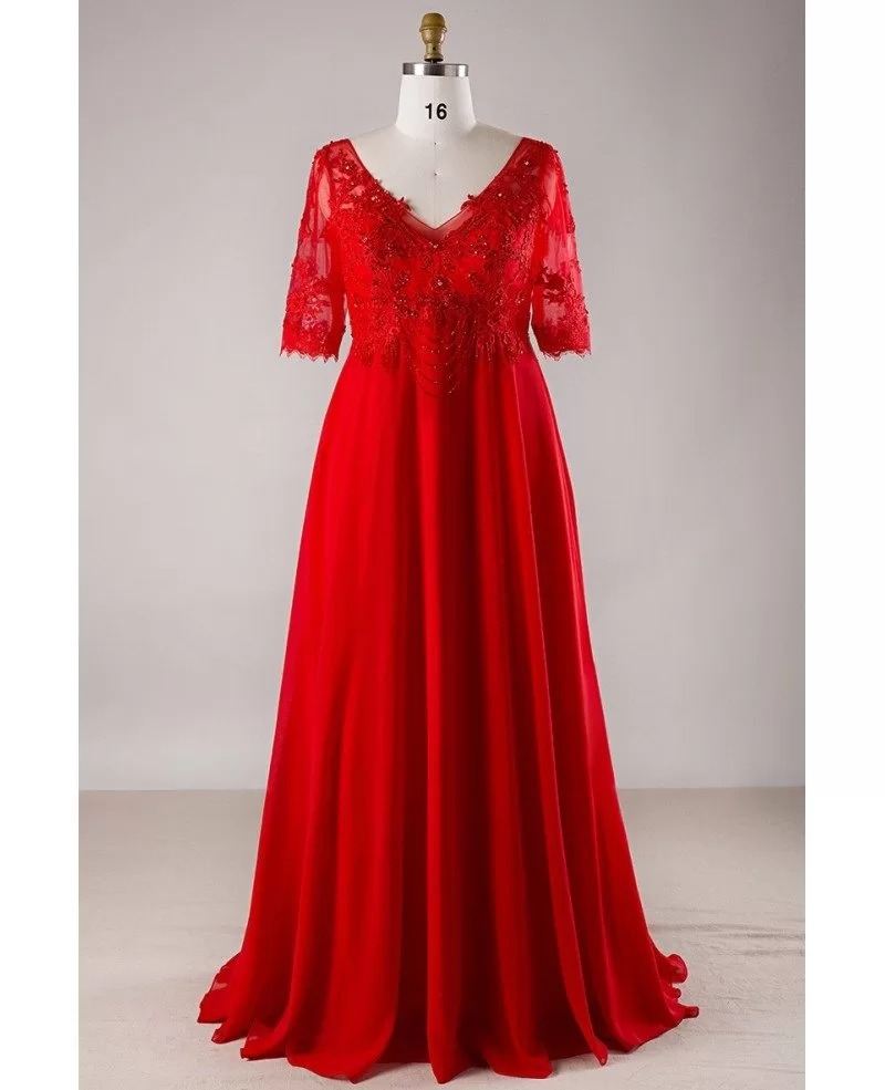 Plus Size Red Lace Empire Waist Long Chiffon Formal Dress With Lace Sleeves Mn047 4843