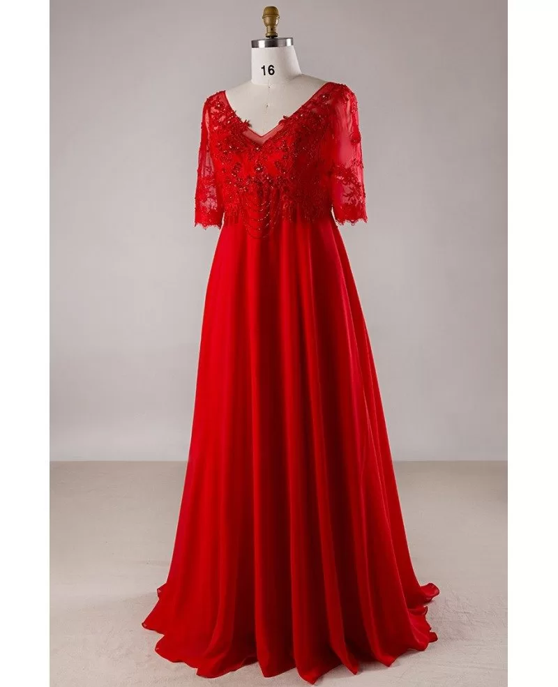 Plus Size Red Lace Empire Waist Long Chiffon Formal Dress With Lace Sleeves Mn047 