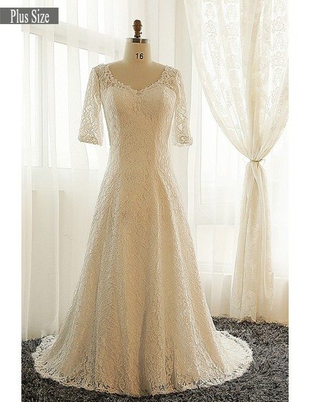 Best Plus Size Ivory Full Lace Modest Wedding Dress With Lace Sleeves