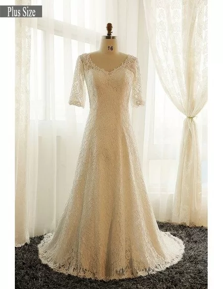 Best Plus Size Ivory Full Lace Modest Wedding Dress With Lace Sleeves