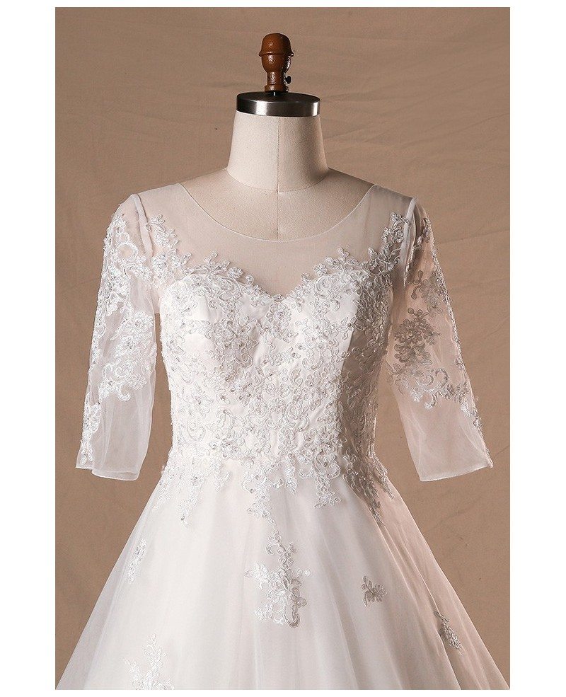 Plus Size Sheer Round Neck Lace Wedding Dress With Half Sleeves #MN062 ...