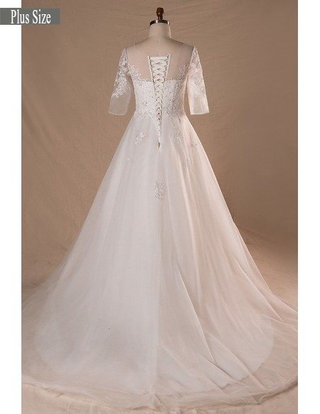 Plus Size Sheer Round Neck Lace Wedding Dress With Half Sleeves