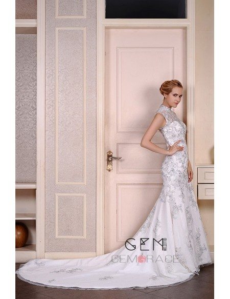 Mermaid High Neck Chaple Train Tulle Wedding Dress With Beading Appliquer Lace